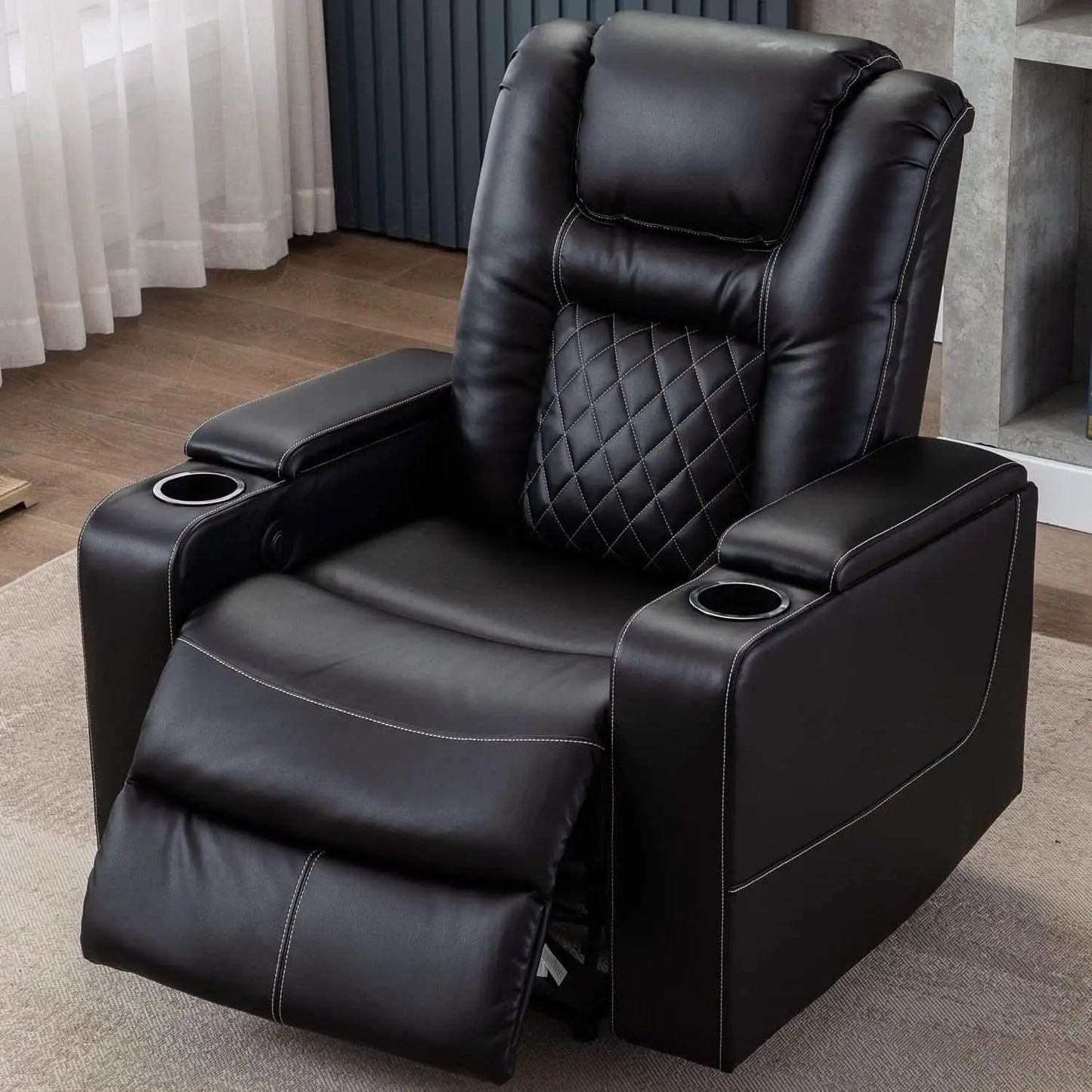 Black Leather Power Recliner With Usb And Cup Holders from PriceLows™