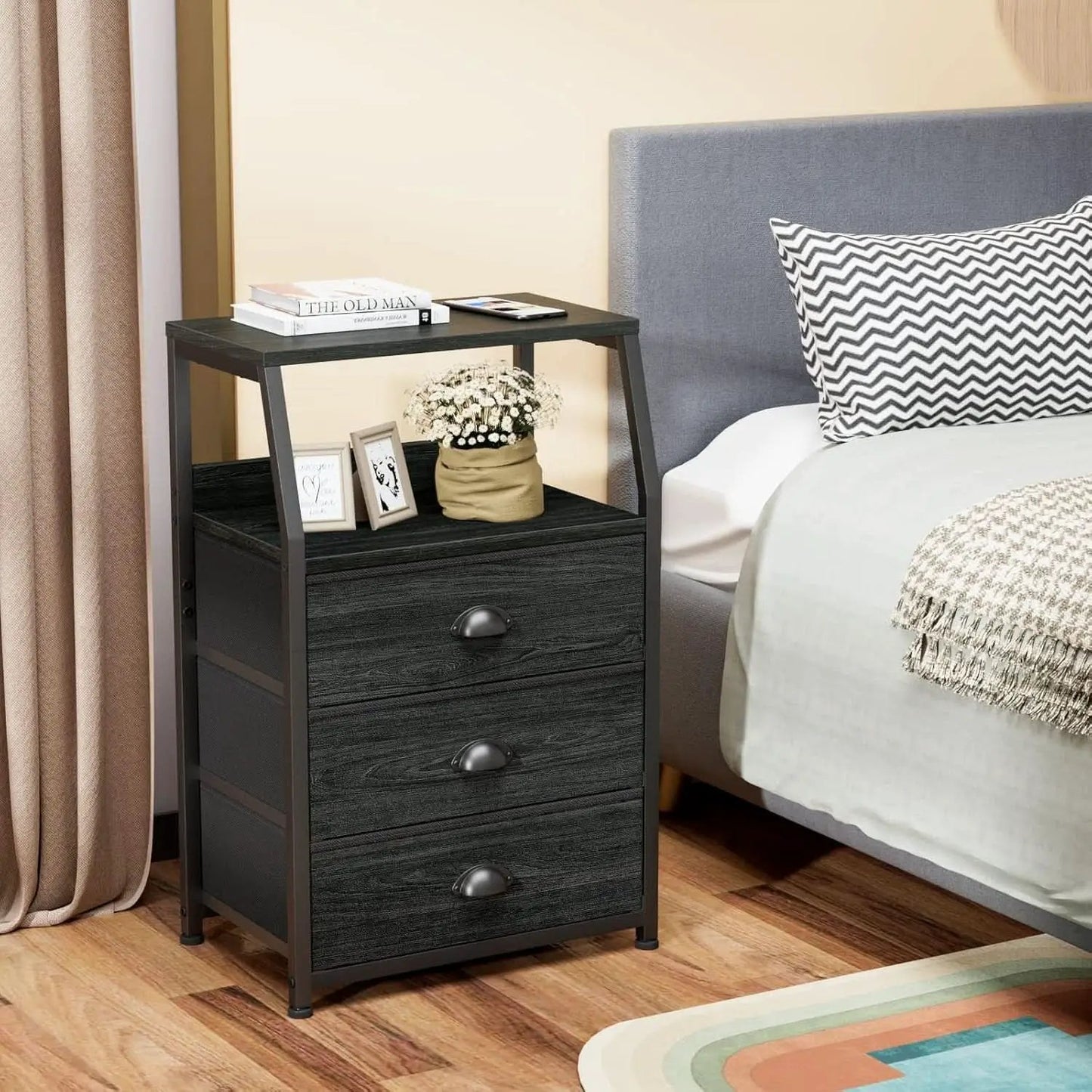 Black Night Stand With 3 Fabric Drawers And 2 Tier Shelf from PriceLows™