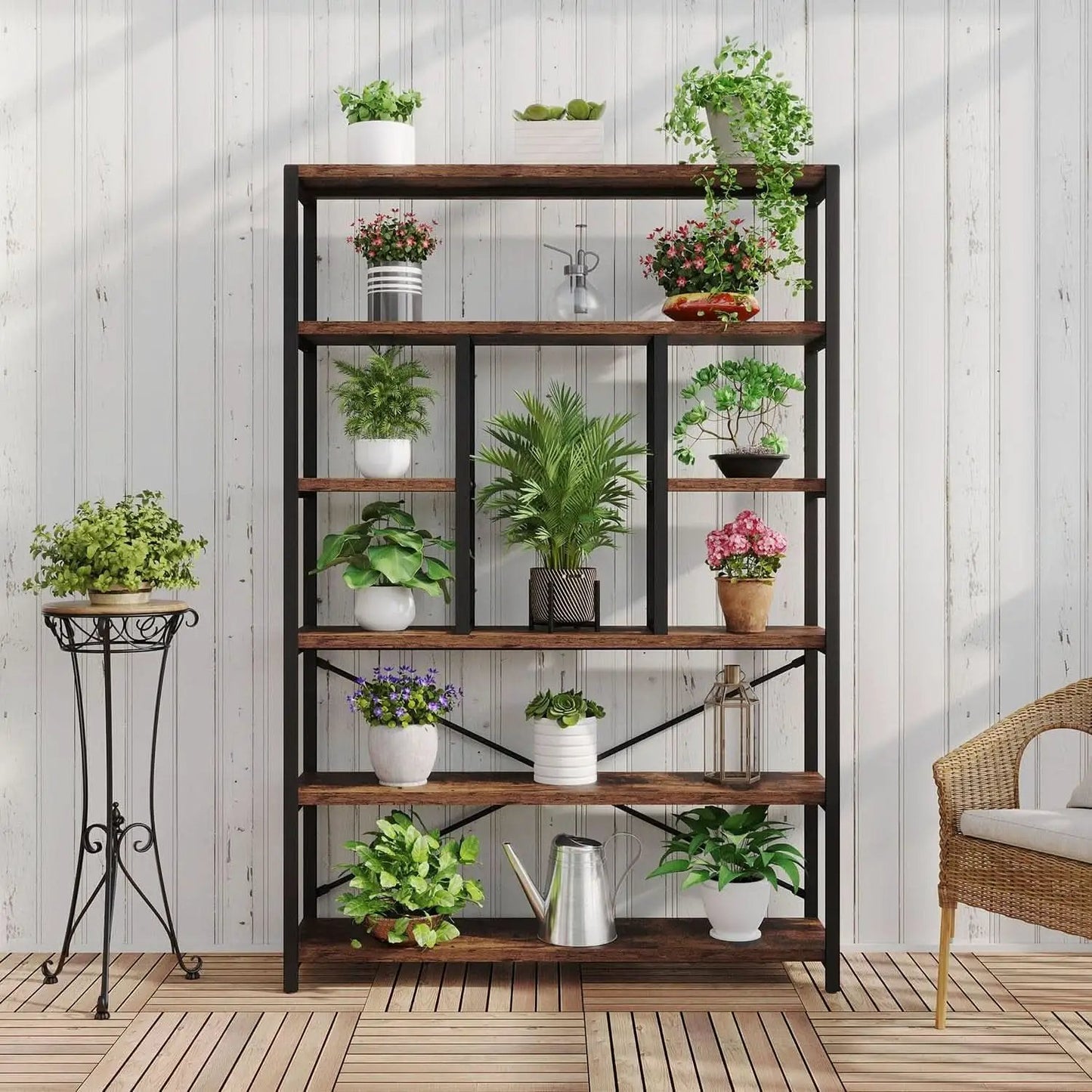 Rustic Industrial 6 Tier Bookcase Brown Wood Black Metal from PriceLows™