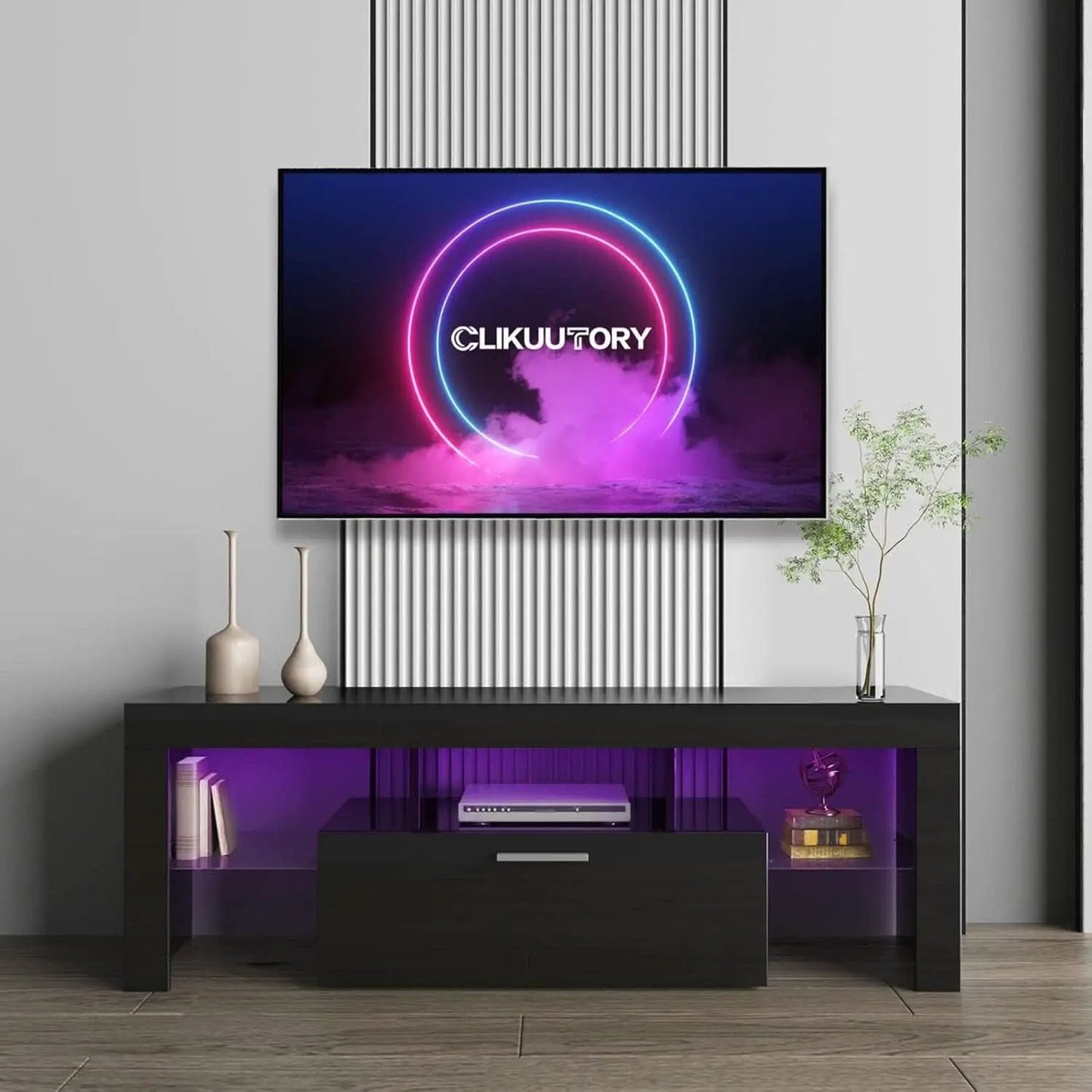 Black LED TV Stand With Large Storage Drawer For TVs Up To 55 Inches from PriceLows™