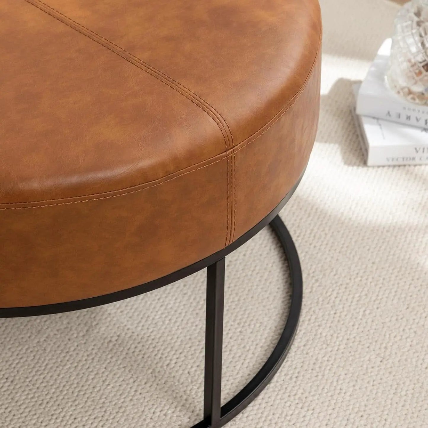 Round Leatherette Upholstered Coffee Table Midnight Brown from PriceLows™