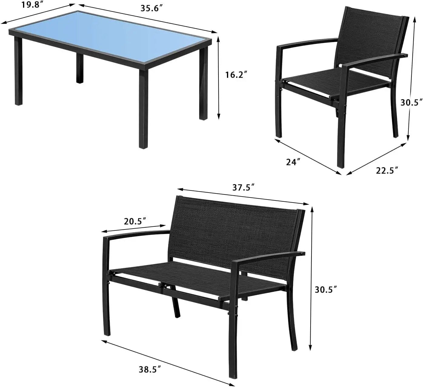 4 Piece Outdoor Patio Set With Glass Table Black Durable from PriceLows™