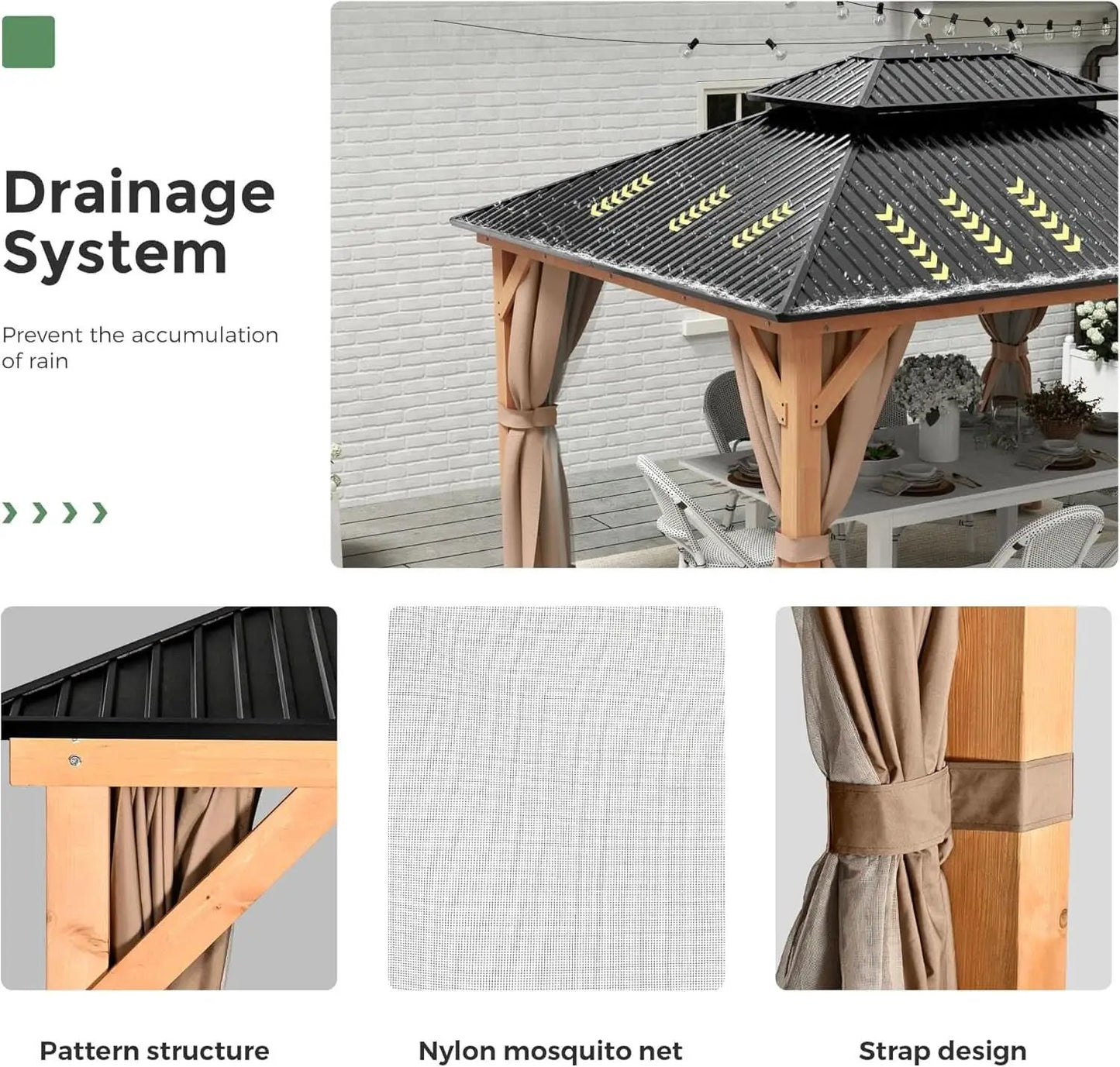 11x13 Wood Gazebo With Durable Outdoor Galvanized Steel Roof Netting And Curtains In Brown from PriceLows™