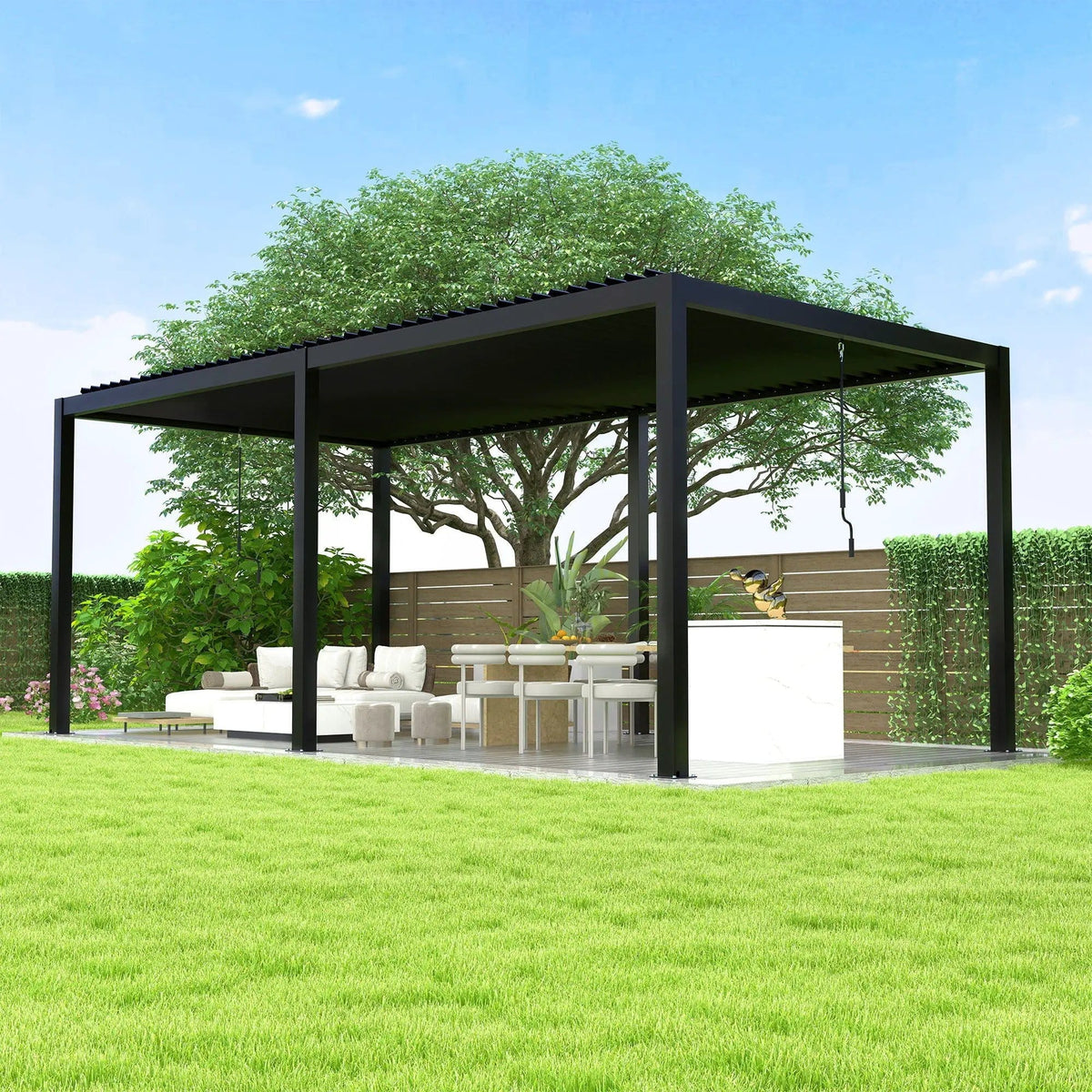Louver Pergola Steel Louvers & Frame - Umbrella & Canopy | 228 x 118 x 90.5 in | Steel & Aluminum | Black
