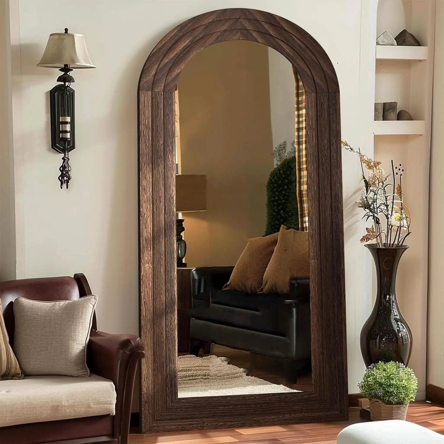 Arched Full Length Mirror 71x32 Inch Brown Solid Wood Frame from PriceLows™