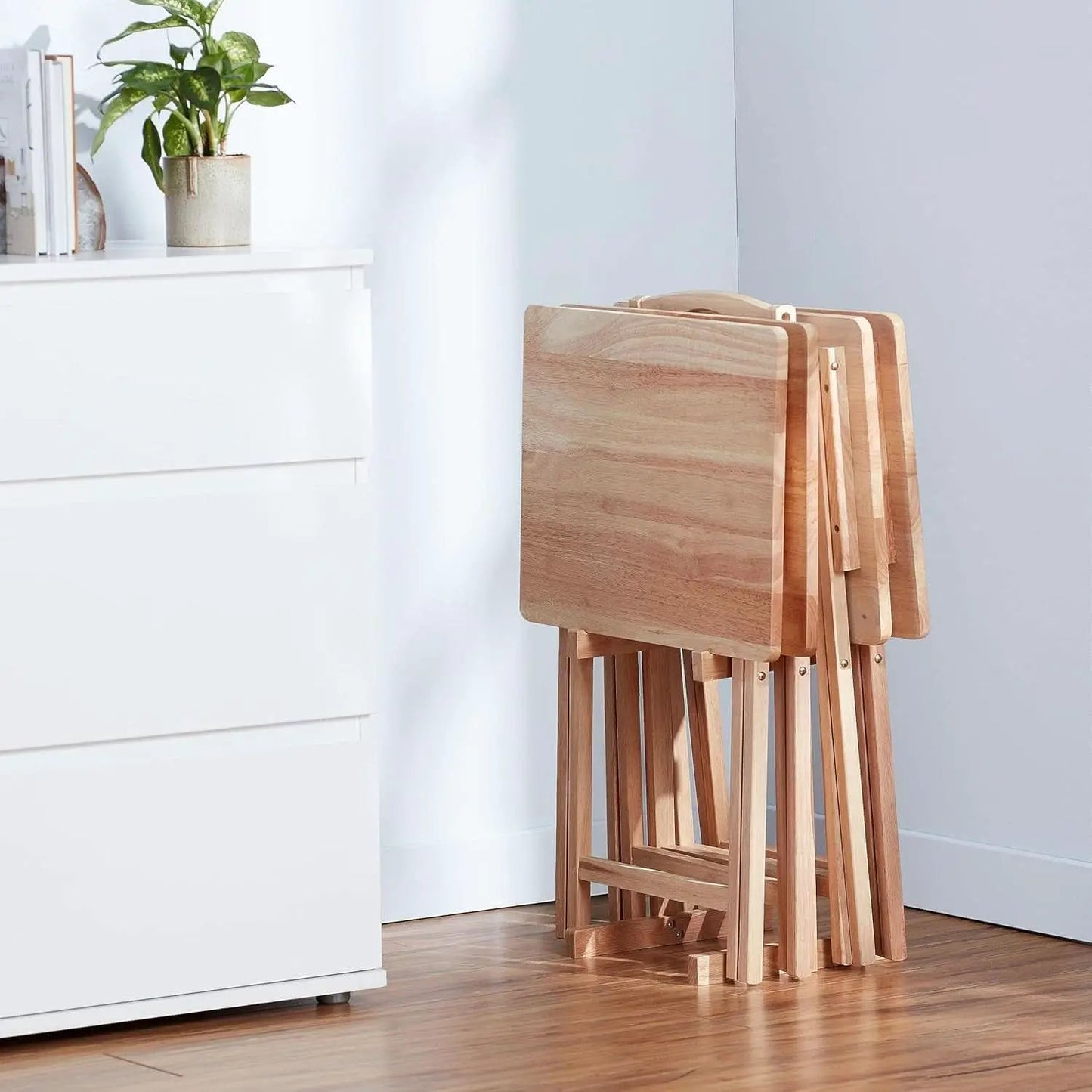 TV Dinner Tray Table Set of 4 With Storage Rack Natural from PriceLows™