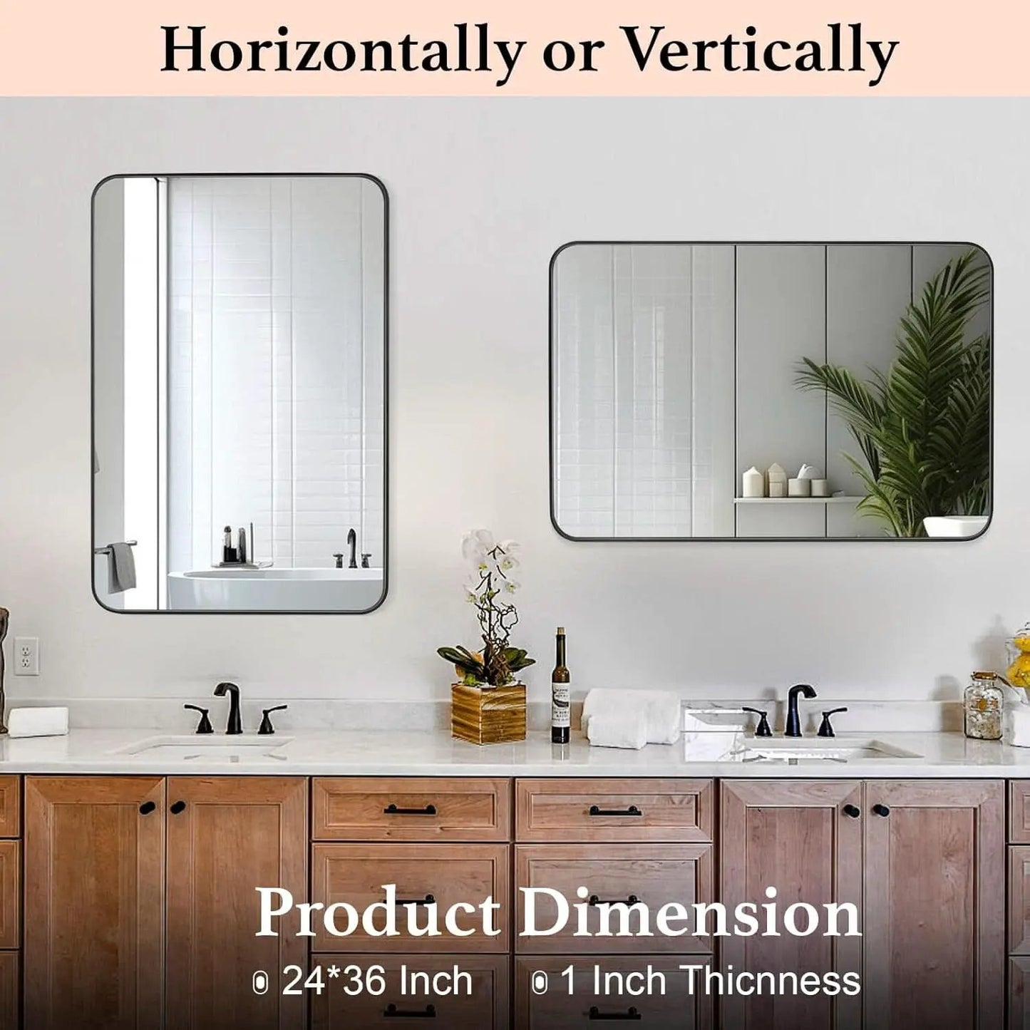 24x36 Inch Black Rounded Rectangle Bathroom Mirror With Anti Rust Stainless Steel Frame from PriceLows™