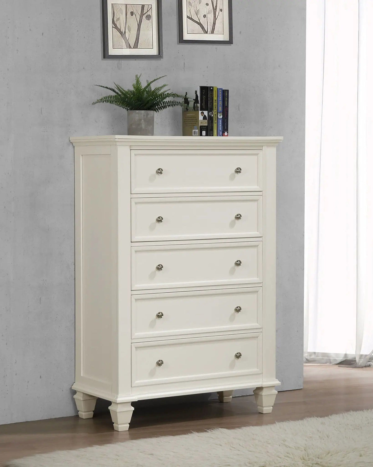 Sandy Beach 5-drawer Bedroom Chest Cream | 36.25 x 18.5 x 53.25 in | Rubberwood & Engineered Wood | White