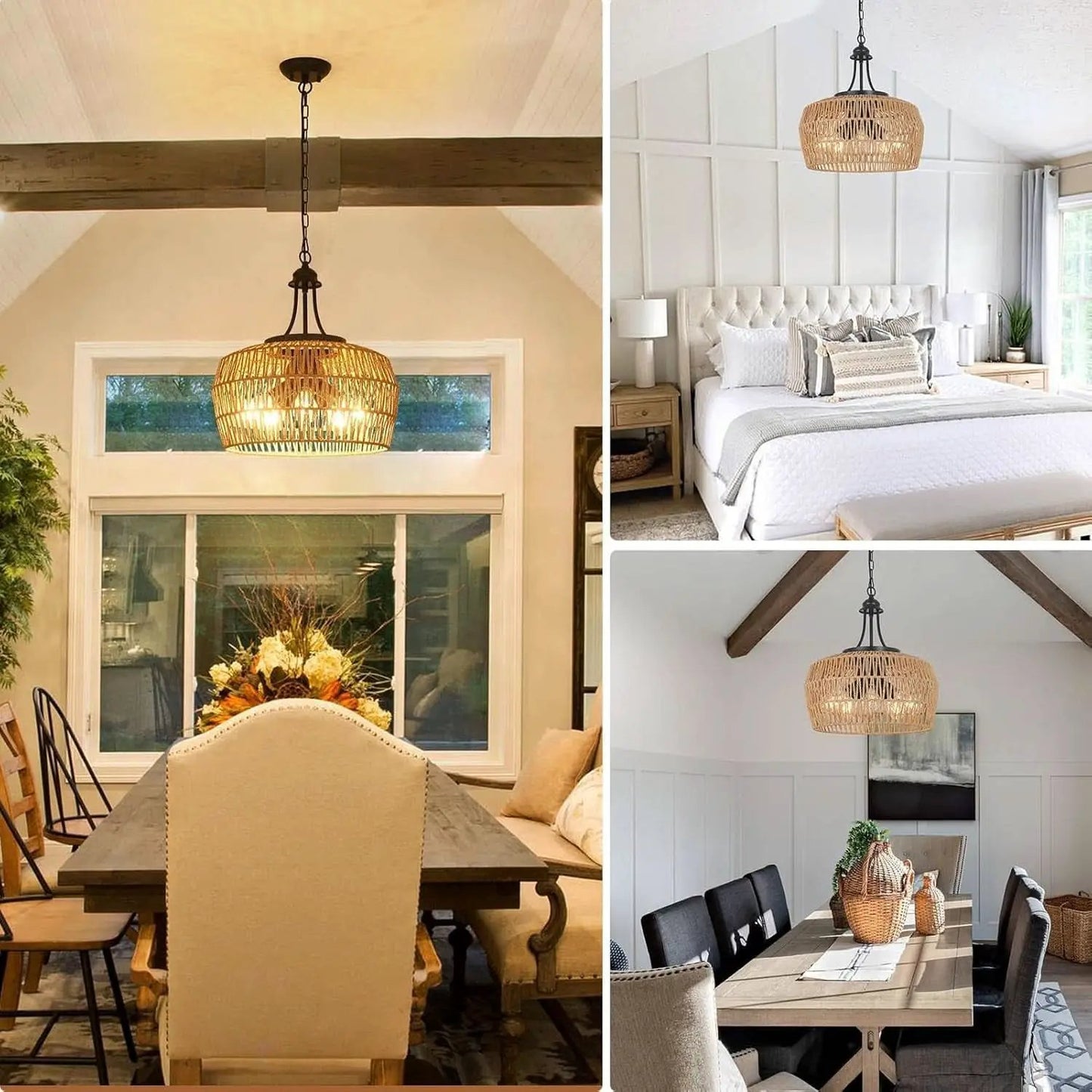 Large 5 Light Handwoven Rattan Boho Dining Room Chandelier from PriceLows™