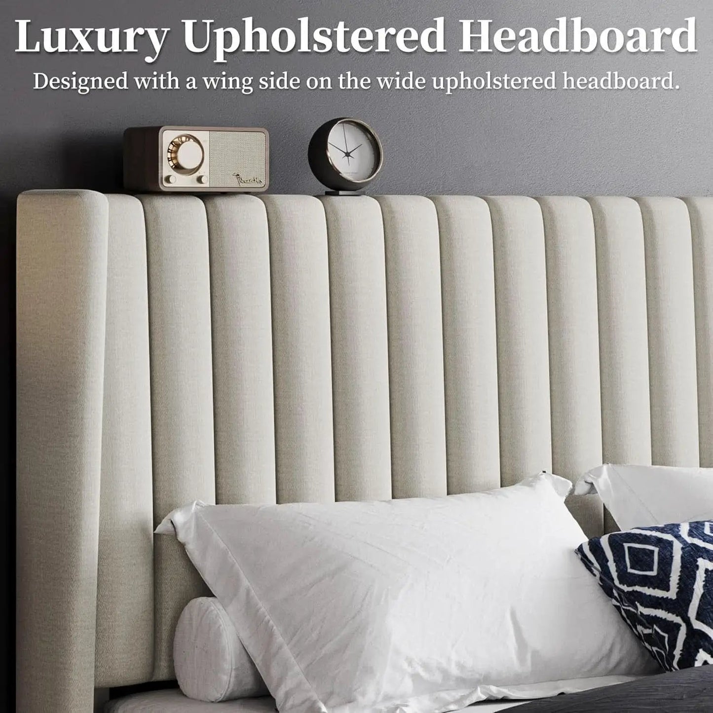 Queen Upholstered Platform Bed With Beige Headboard from PriceLows™