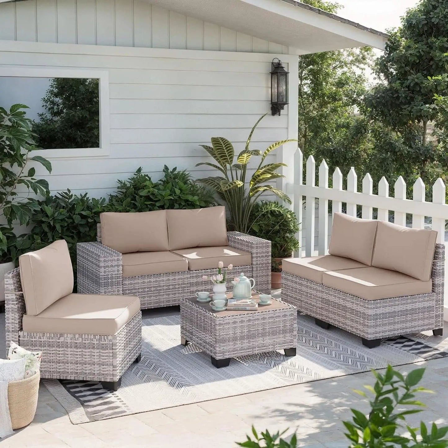 Beige 6 Piece Wicker Patio Sofa Set With Thick Cushions from PriceLows™