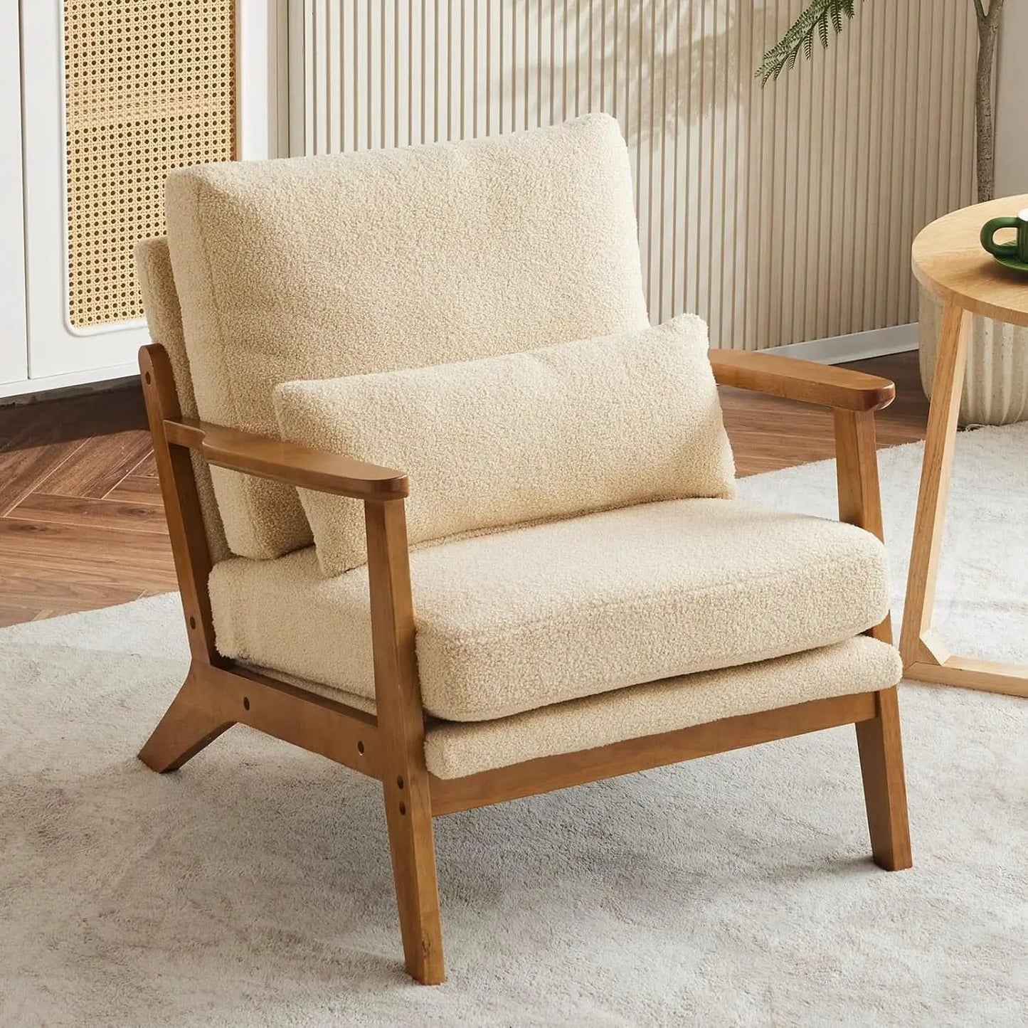 Solid Wood Armchair Khaki Teddy Velvet Upholstery With Pillow from PriceLows™