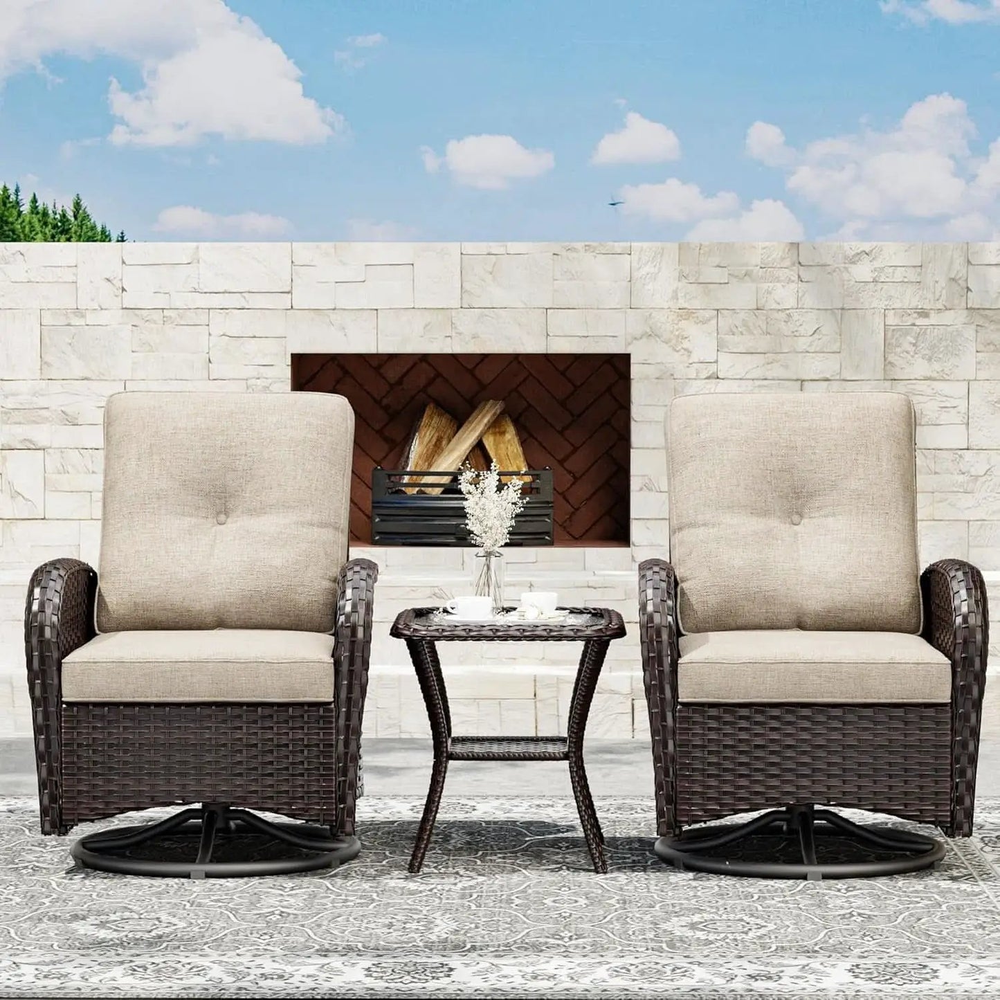 Outdoor Swivel Rocker Chairs 3 Piece Wicker Set Cushioned from PriceLows™