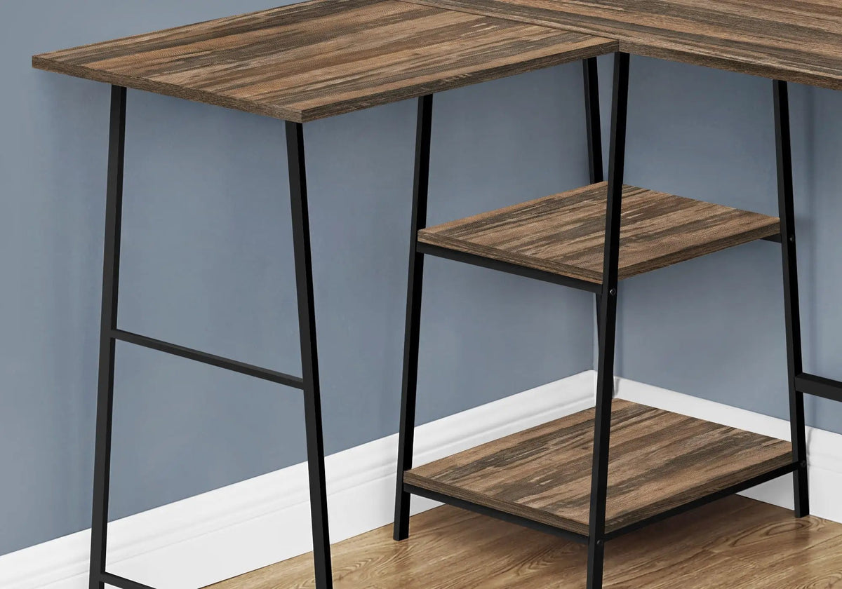 Reclaimed Wood Look L-Shaped Desk | 47.25 Inch Width | Medium Brown Laminate | 3-Tier Open Design
