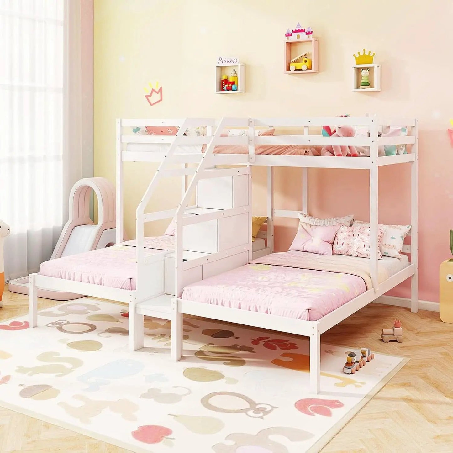White Solid Wood Triple Bunk Bed With Storage Stair from PriceLows™