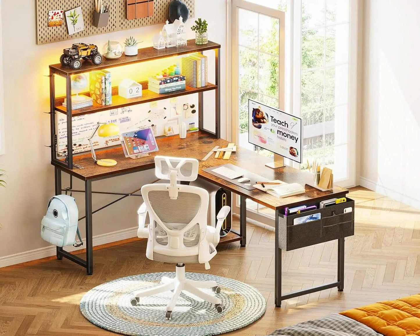 53 Inch L Shaped Desk With LED Lights And Power Outlet from PriceLows™