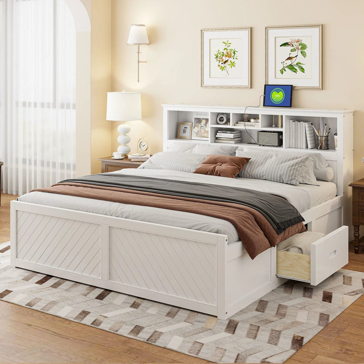 Platform Bed | Storage Headboard | USB Outlets | Solid Pine