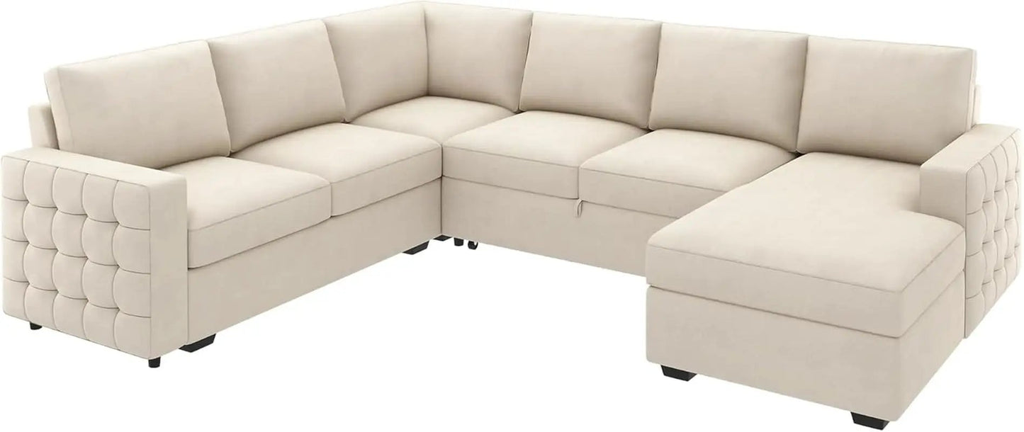 Beige U Shaped Sectional Sleeper Sofa With Storage Chaise from PriceLows™