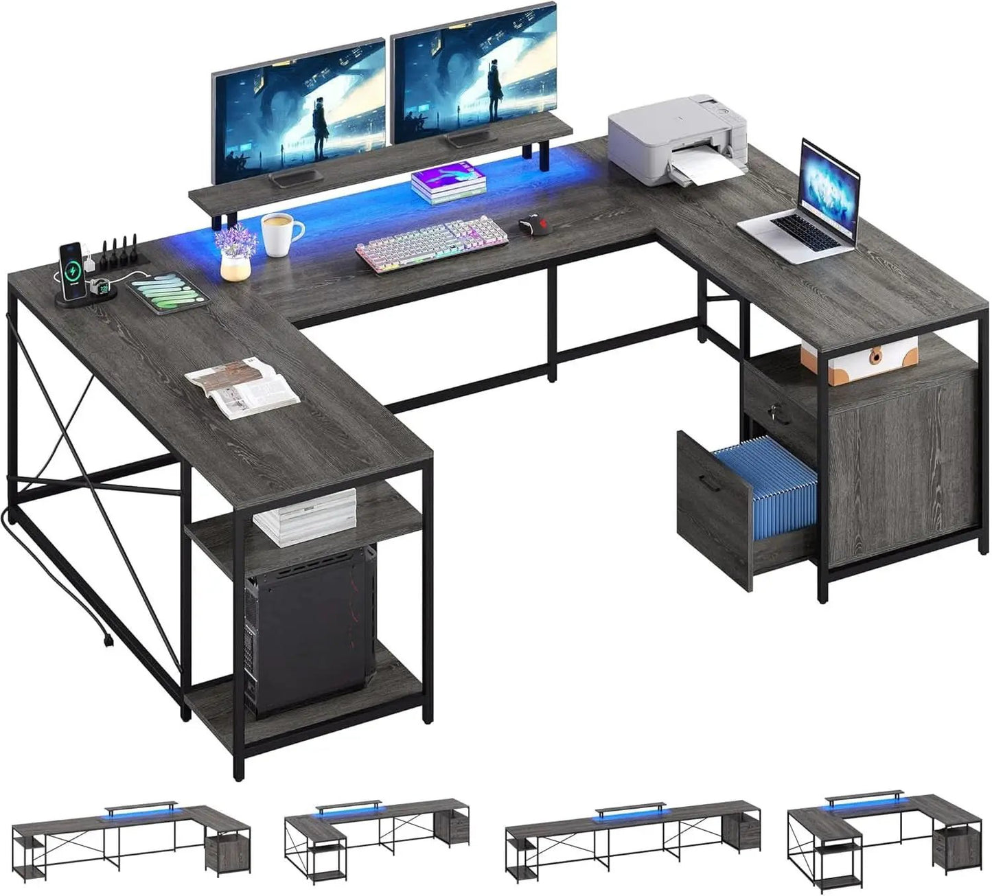 U Shaped Desk 79 Inch Power Outlets And Led Lights Grey from PriceLows™