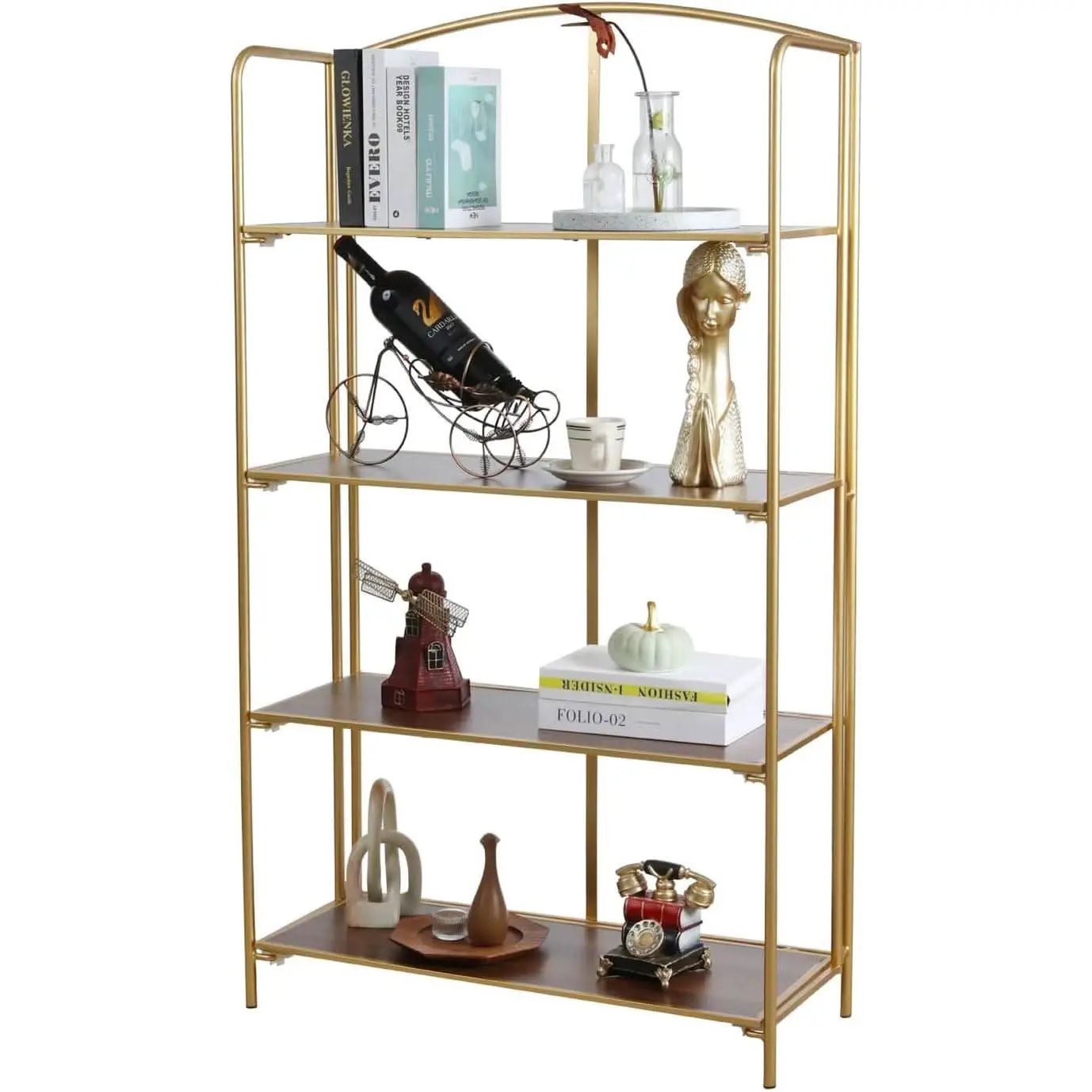 No Assembly Foldable Bookshelf 4 Tier Gold Bookcase from PriceLows™