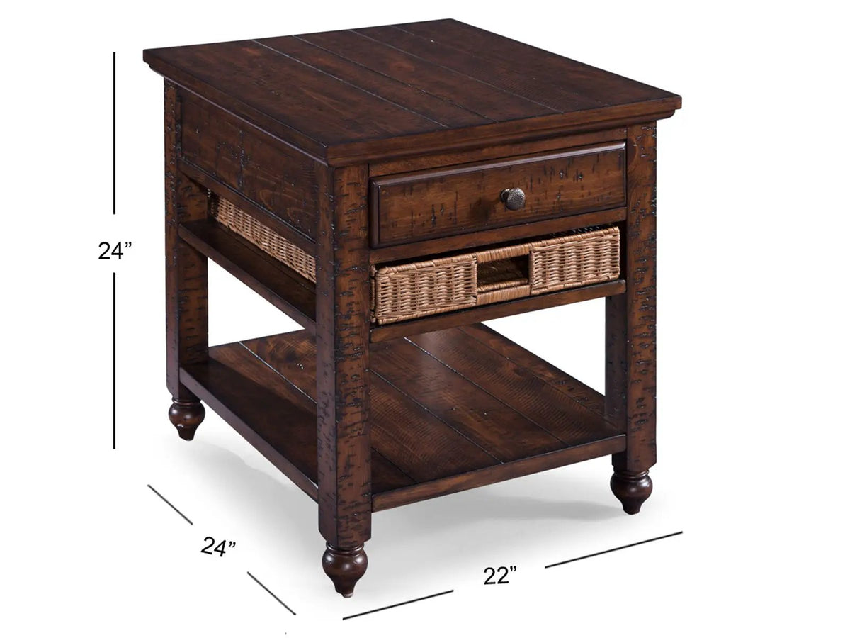 Cottage Lane Rectangular End Table | Coffee Finish | Rattan Baskets | Top Drawer