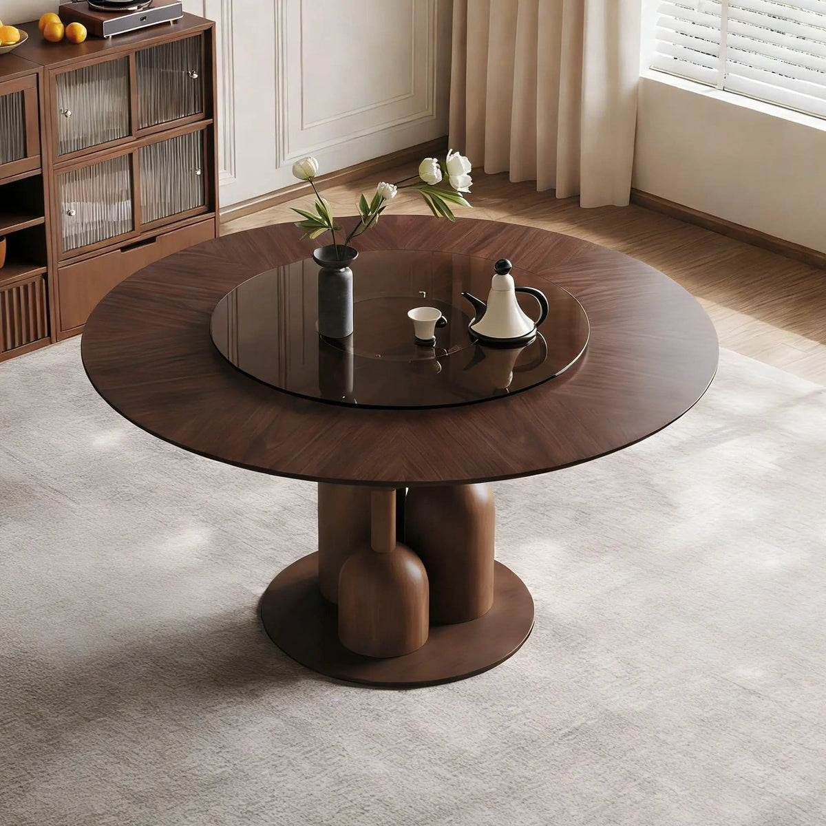 Round Dining Table With Lazy Susan For Living Room - | 59 x 59 x 29.5 in | Walnut & Wood | Walnut