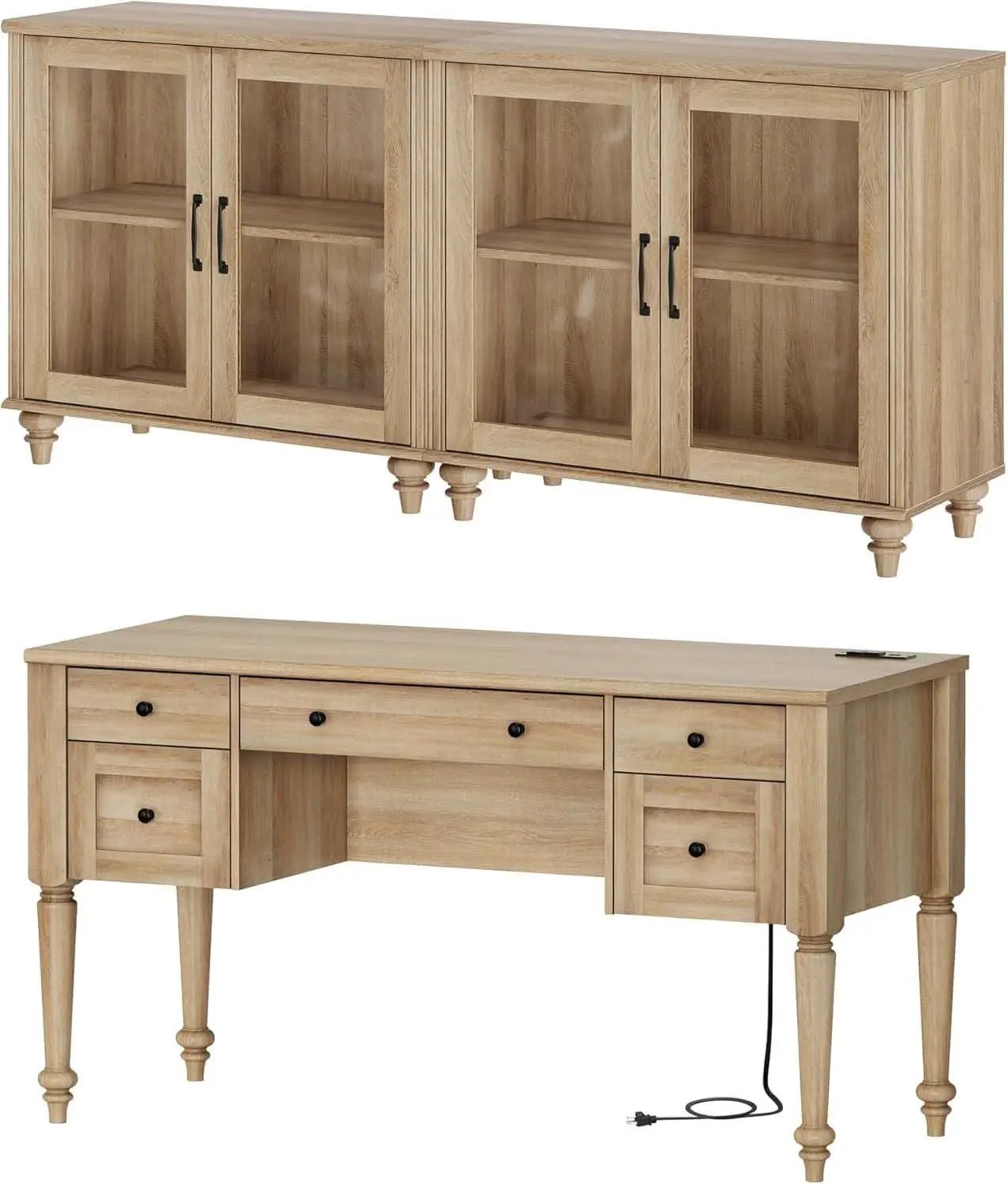 Distressed Oak Farmhouse Executive Desk Glass Cabinet from PriceLows™