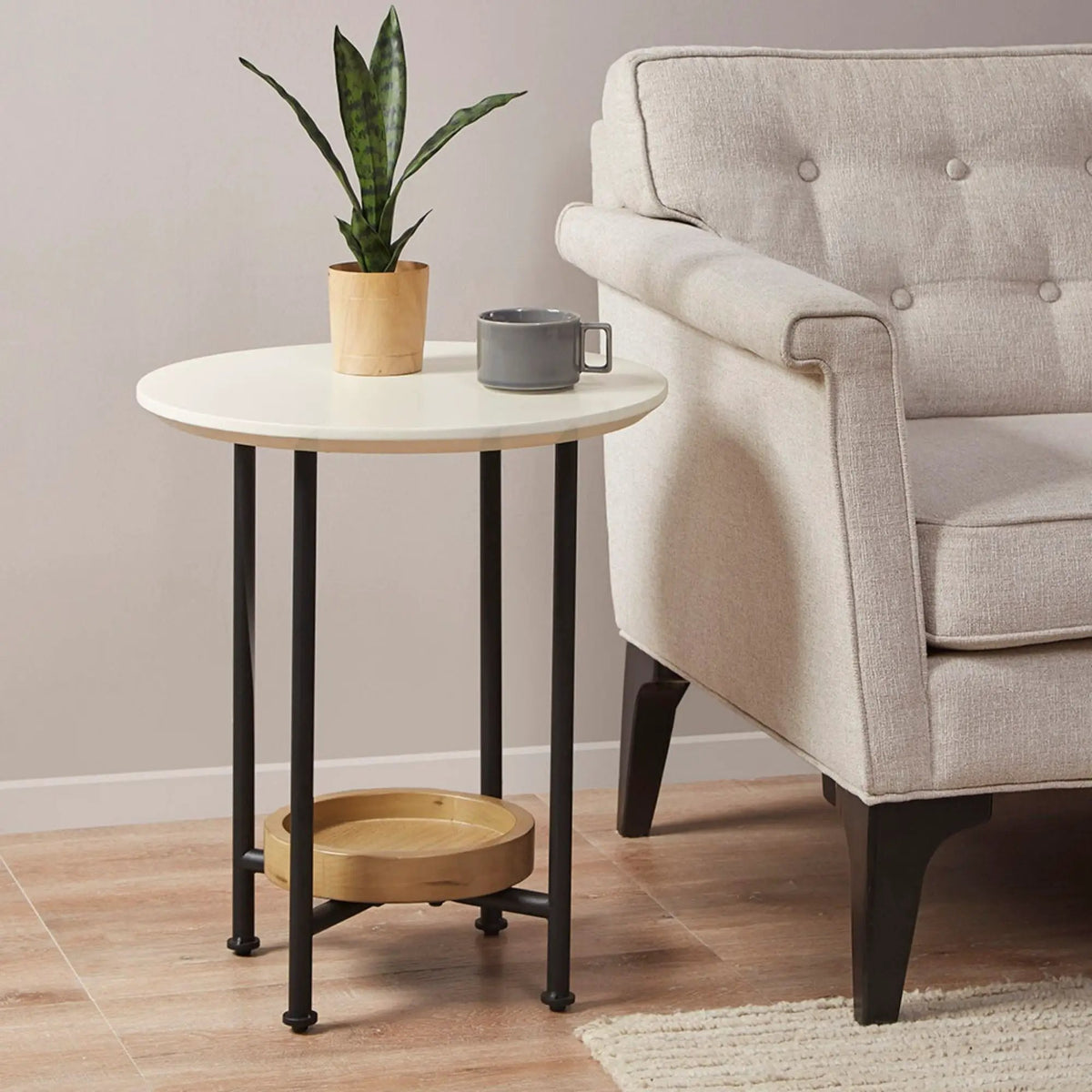 Oval End Table | White And Natural | White MDF Top | Black Metal Legs