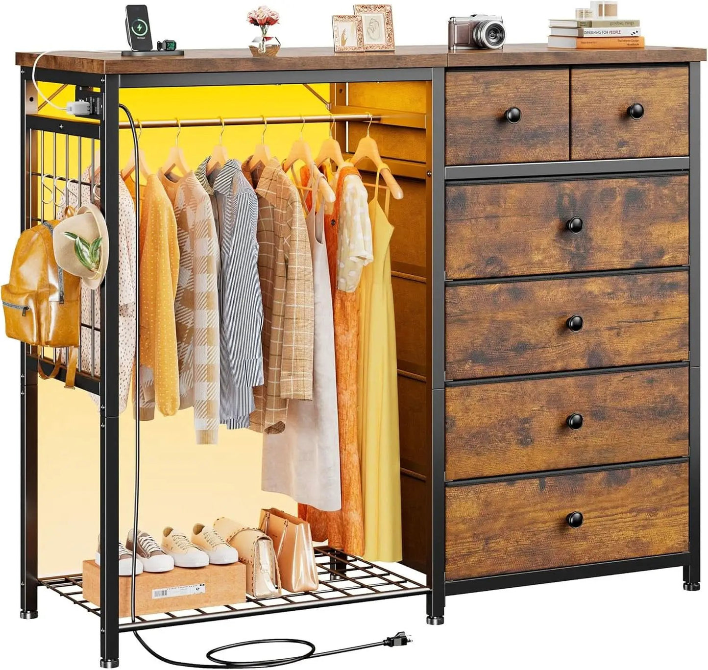 49 Inch Rustic Brown Dresser With Clothes Rack LED Lights from PriceLows™
