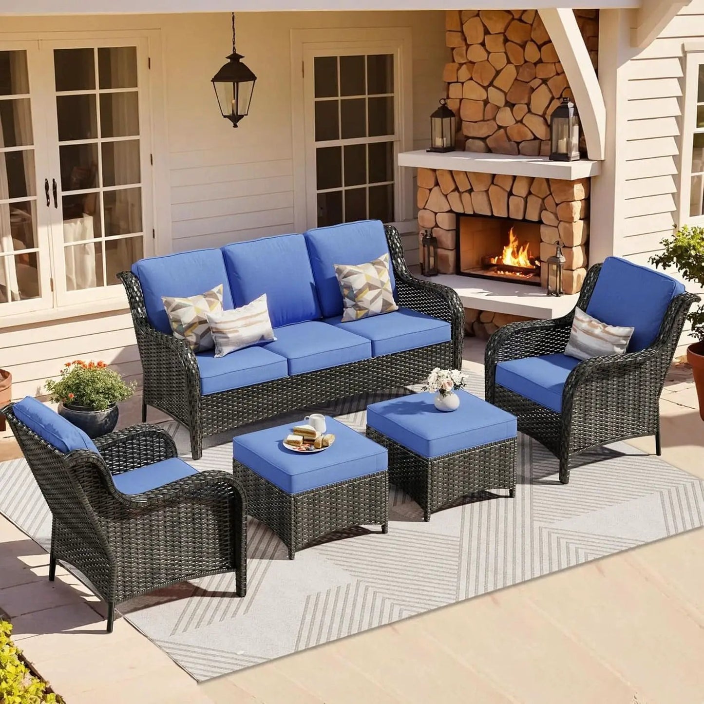 Five Piece Outdoor Wicker Patio Set With Cushions Navy Blue from PriceLows™