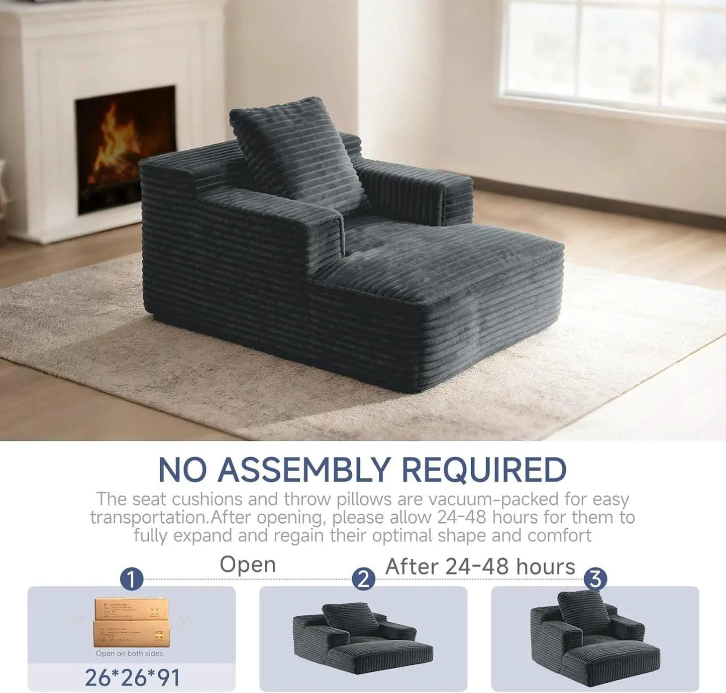Compact 46-Inch Dark Grey Corduroy Chaise Lounge from PriceLows™