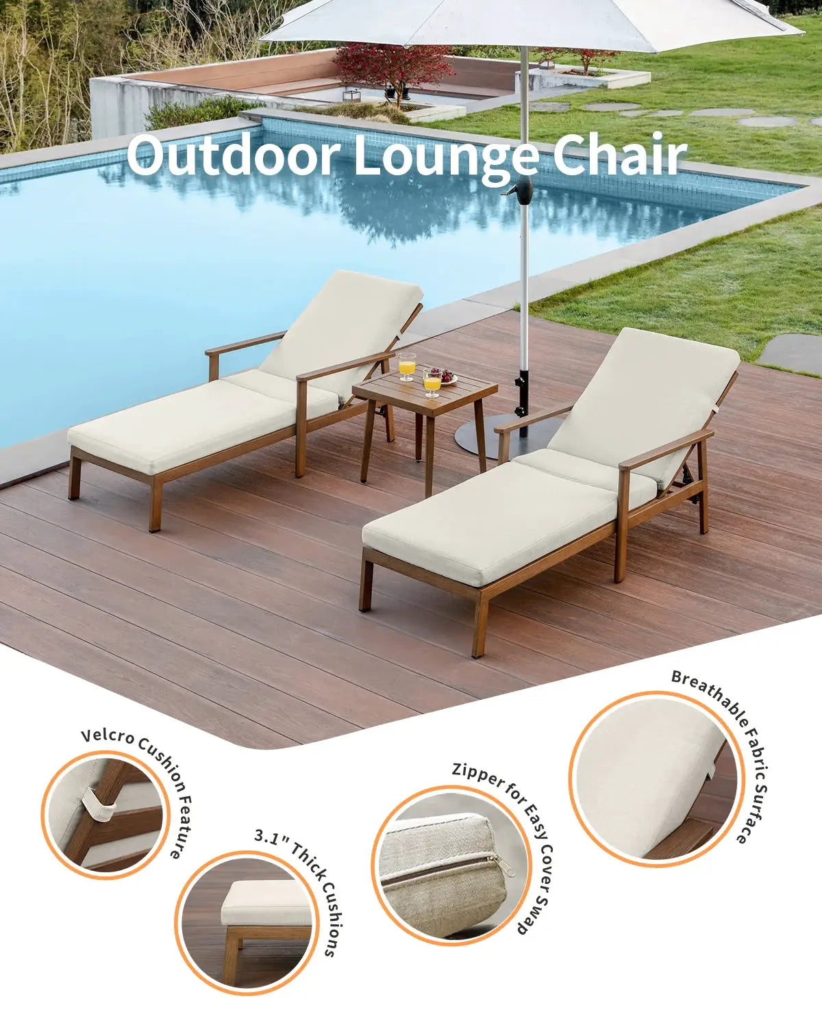 SeeHill Teak 3-Piece Outdoor Lounge Chair Set, Aluminum Chaise Loungers with Cushions and Side Table for Patio, Beach or Pool from PriceLows™