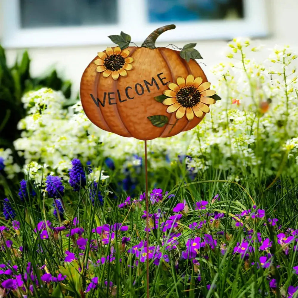 36.75" Height Pumpkin Yard Sign Stakes Fall Welcome Signs with 2 Sunflowers Metal Pumpkin Garden Decoration for Halloween Gift from PriceLows™