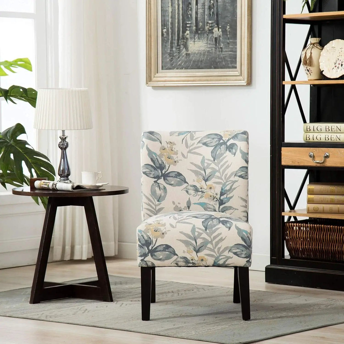 Armless Contemporary Chair With Blue Leaves Upholstery from PriceLows™