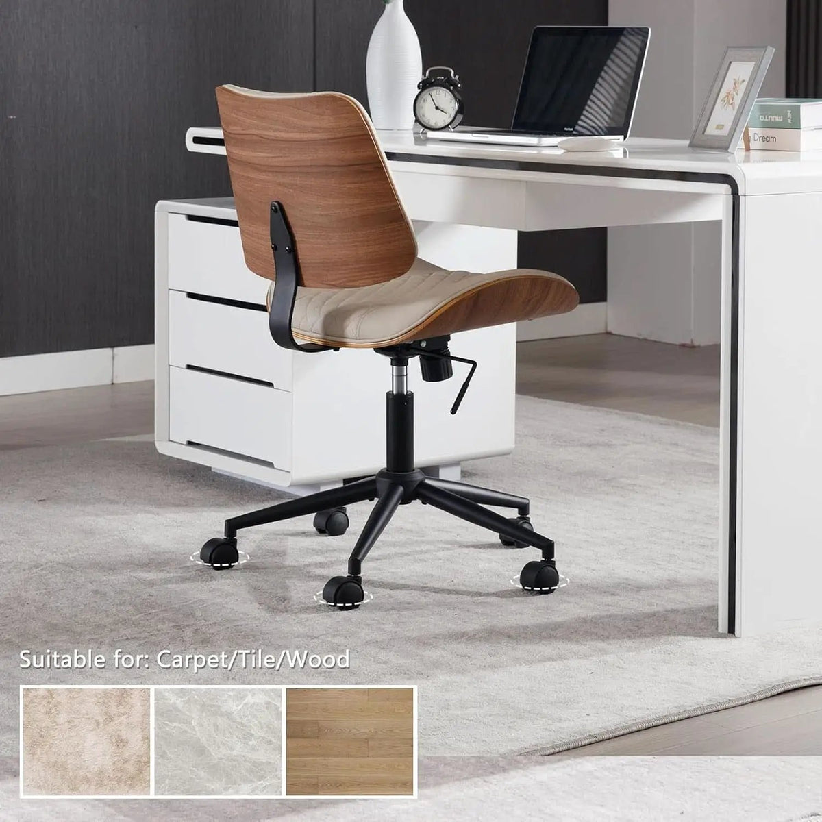 Armless Office Chair With Wheels Beige PU Leather Ergonomic from PriceLows™
