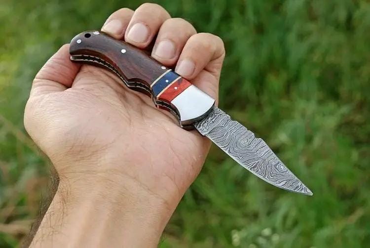 Premium Damascus Steel Folding Knife - 3” Blade with Rosewood Handle & Leather Sheath | 3 Inch | Damascus Steel | Home