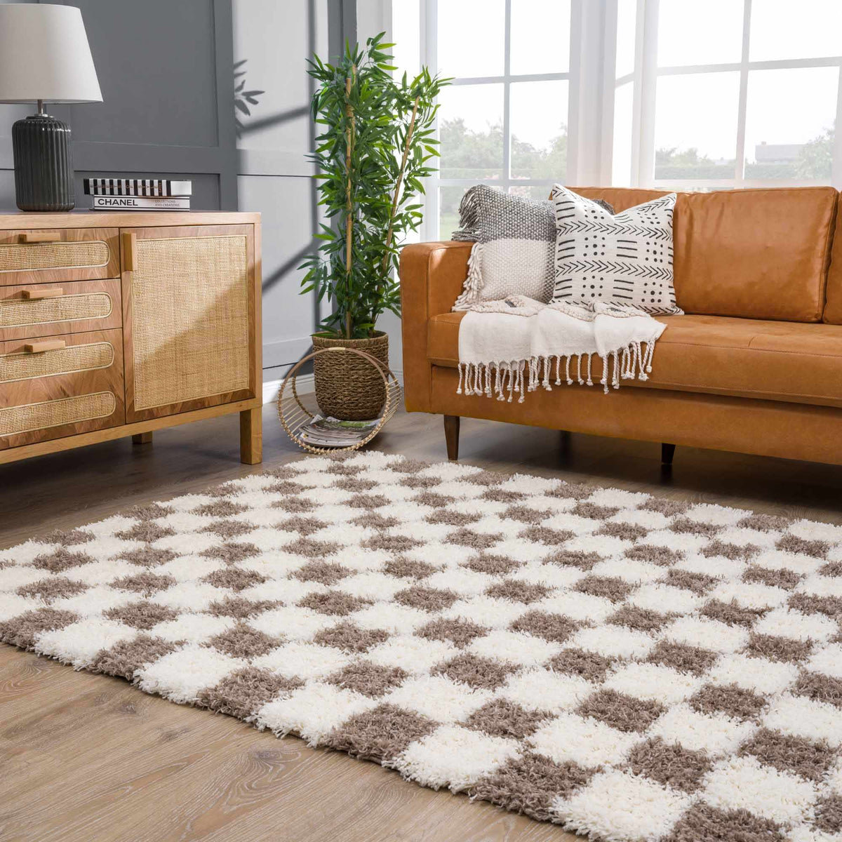 Atira Brown Checkered Area Rug from PriceLows™