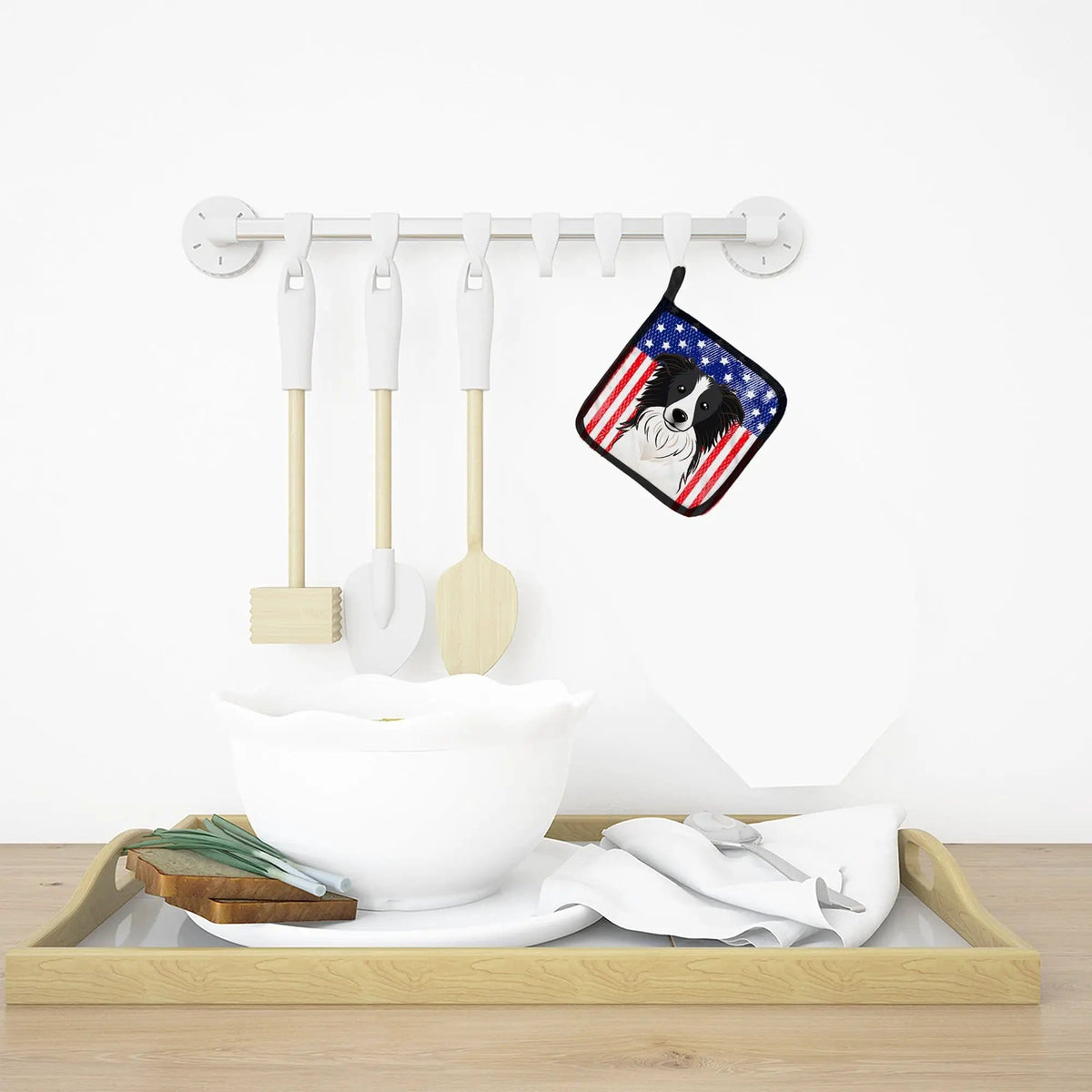 Pot Holder Set of 2 | Heat Resistant Quilted Hot Pads | 7.5 x 7.5 Inch | American Flag and Border Collie