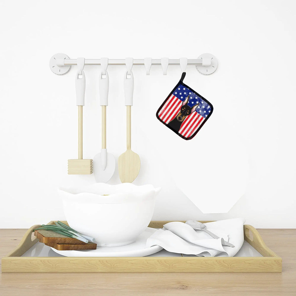 Pot Holder Set of 2 | Heat Resistant Quilted Hot Pads | 7.5 x 7.5 Inch | American Flag and Doberman