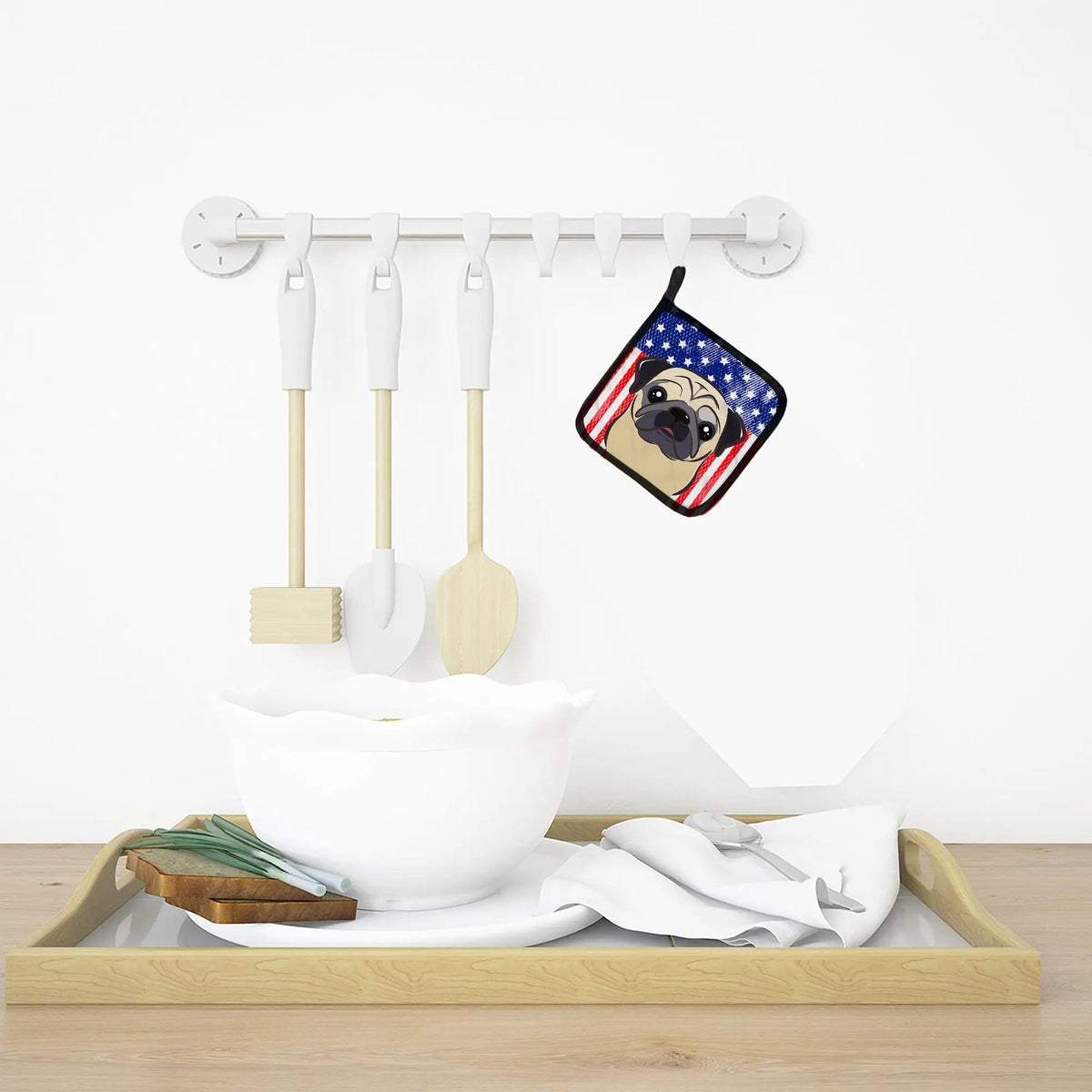 Pot Holder Set of 2 | Heat Resistant Quilted Hot Pads | 7.5 x 7.5 Inch | American Flag and Fawn Pug