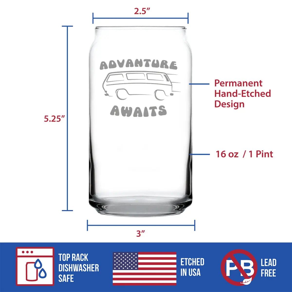 Etched Beer Can Pint Glass | 16 oz | Dishwasher Safe | Advanture Awaits