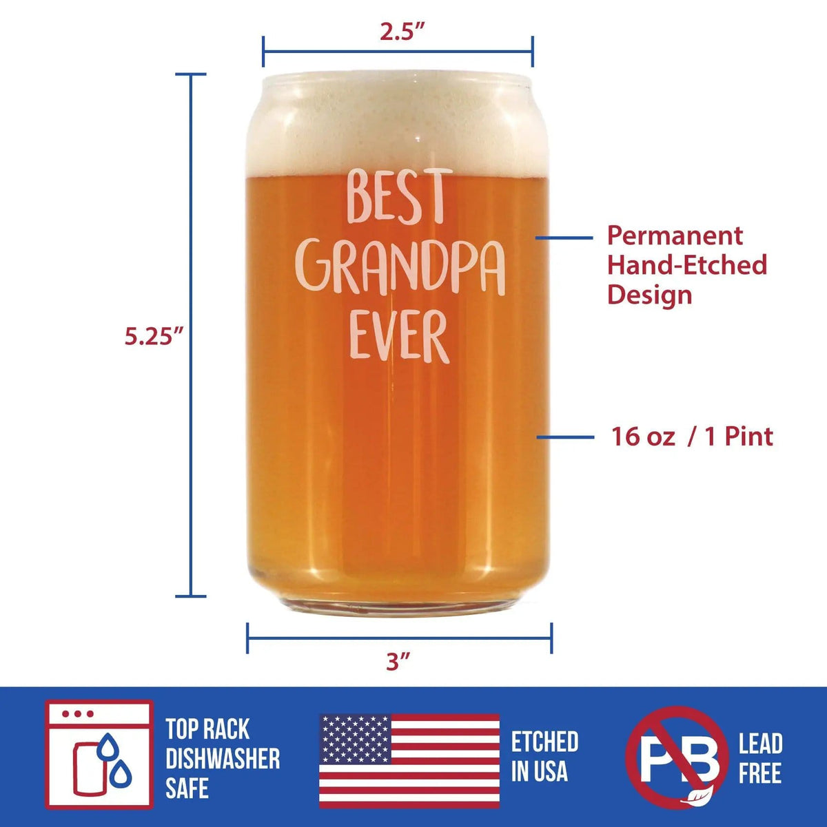 Etched Beer Can Pint Glass | 16 oz | Dishwasher Safe | Best Grandpa Ever