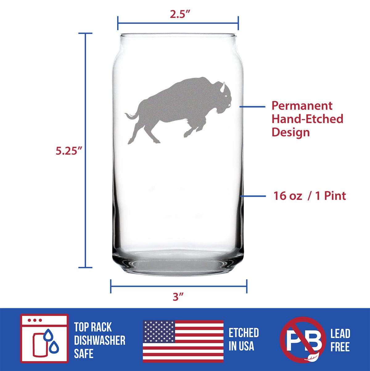 Etched Beer Can Pint Glass | 16 oz | Dishwasher Safe | Bison