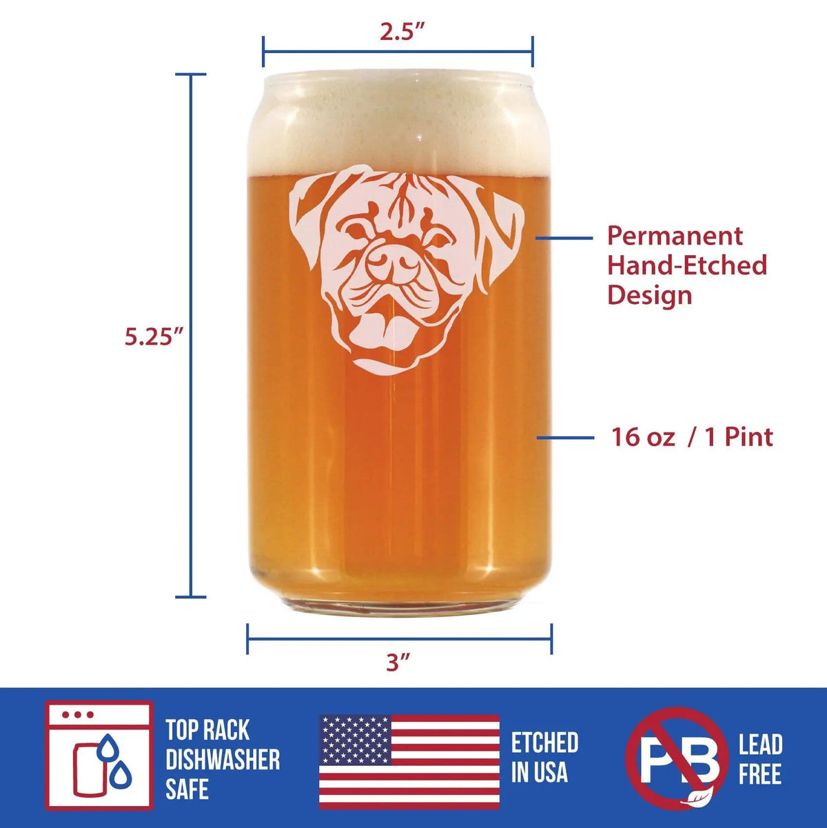 Etched Beer Can Pint Glass | 16 oz | Dishwasher Safe | Boxer with Natural Ears