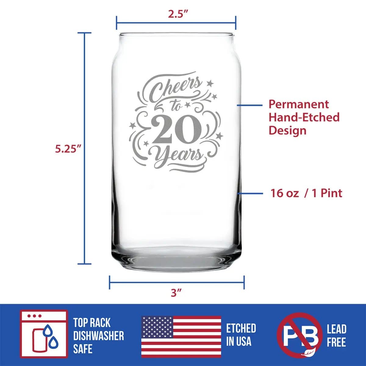 Etched Beer Can Pint Glass | 16 oz | Dishwasher Safe | Cheers to 20 Years