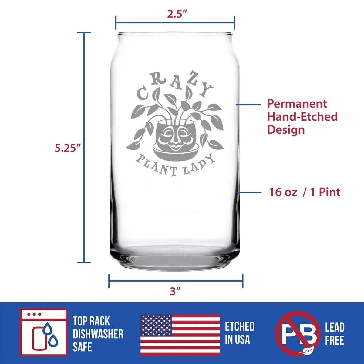 Etched Beer Can Pint Glass | 16 oz | Dishwasher Safe | Crazy Plant Lady