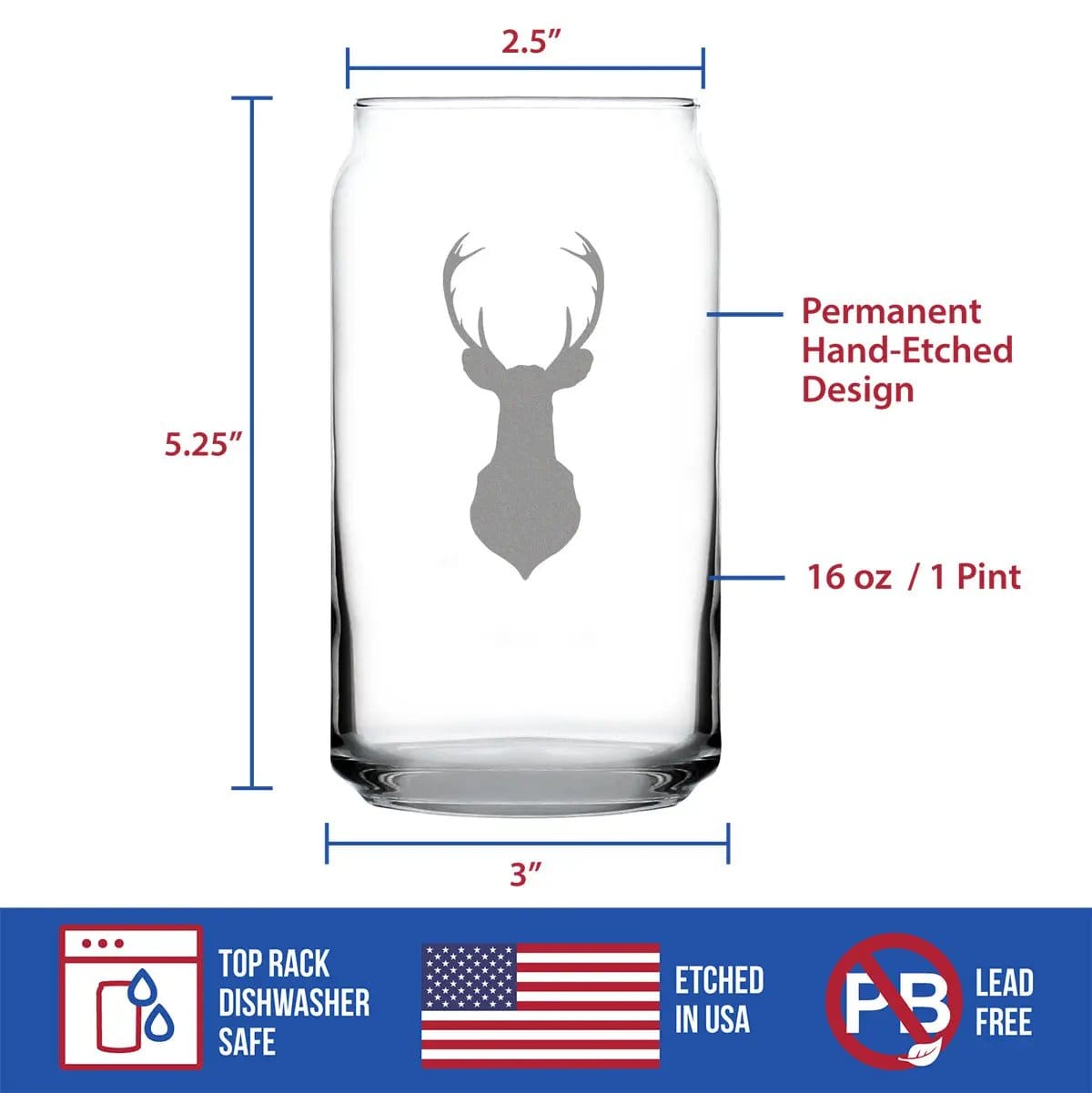 Etched Beer Can Pint Glass | 16 oz | Dishwasher Safe | Deer Head