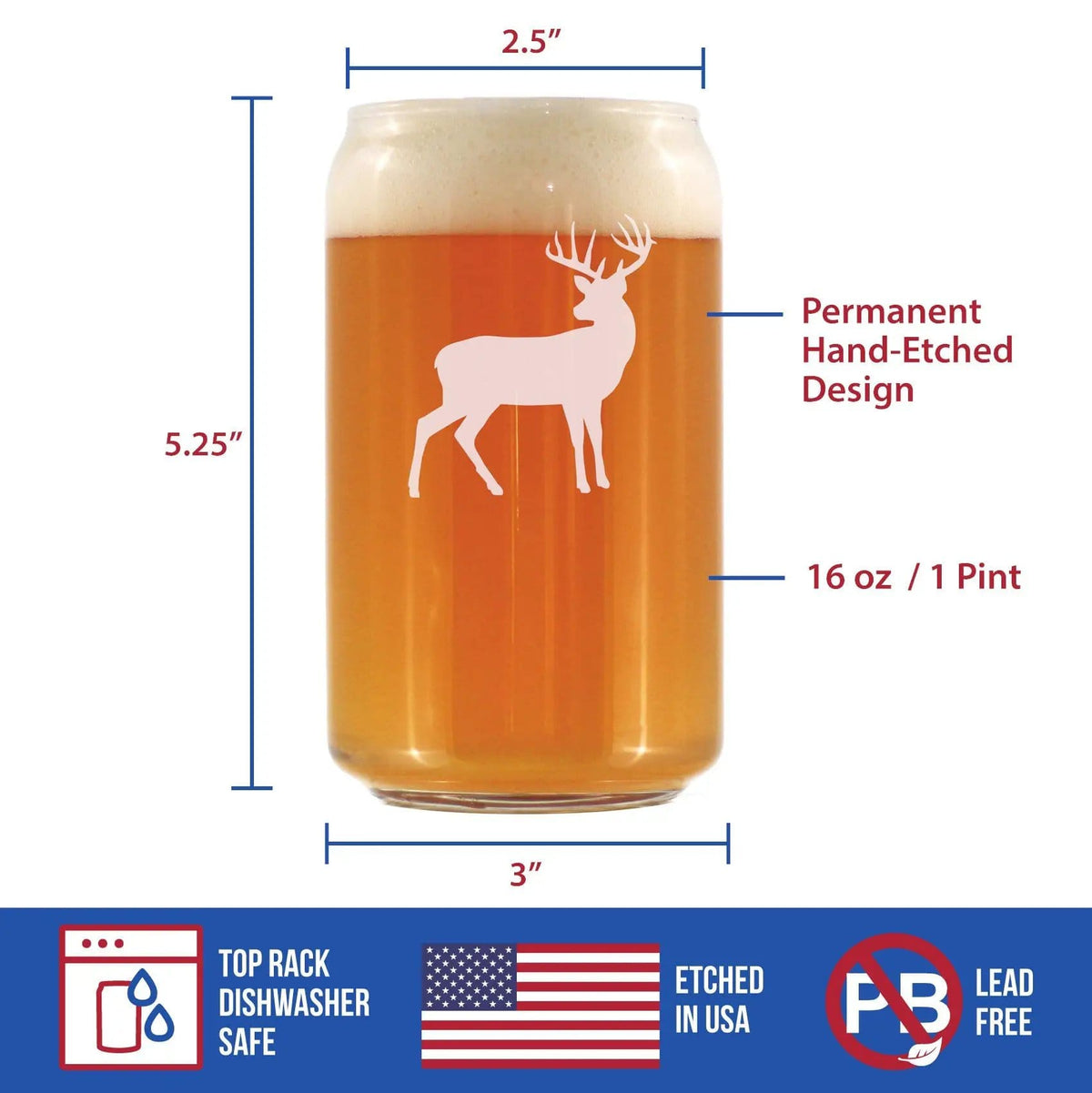 Etched Beer Can Pint Glass | 16 oz | Dishwasher Safe | Deer
