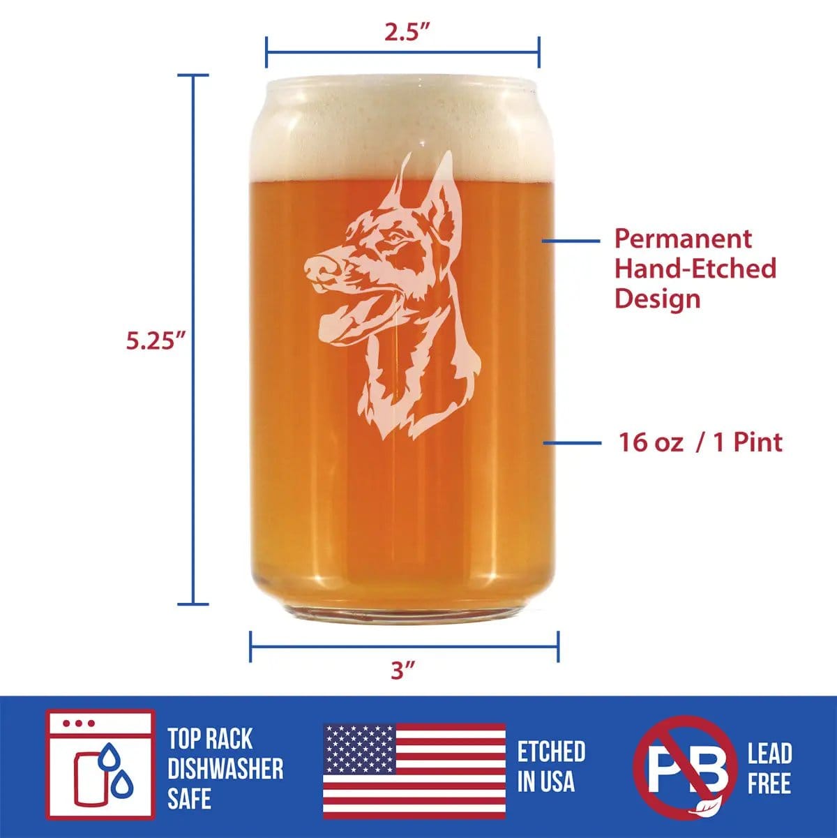 Etched Beer Can Pint Glass | 16 oz | Dishwasher Safe | Doberman Face