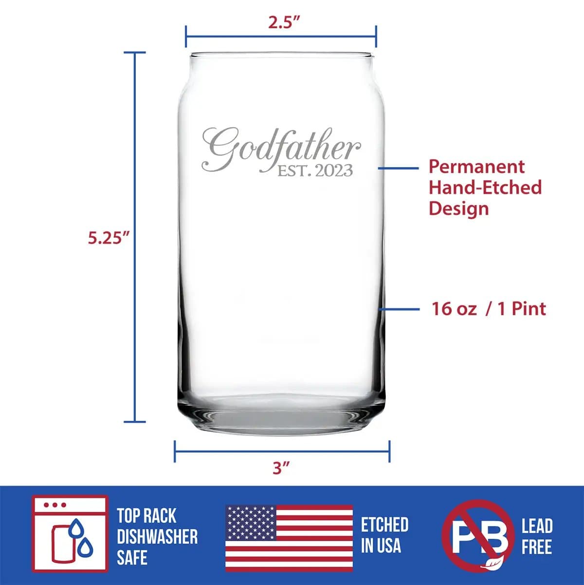 Etched Beer Can Pint Glass | 16 oz | Dishwasher Safe | Godfather Est. 2023 - Decorative
